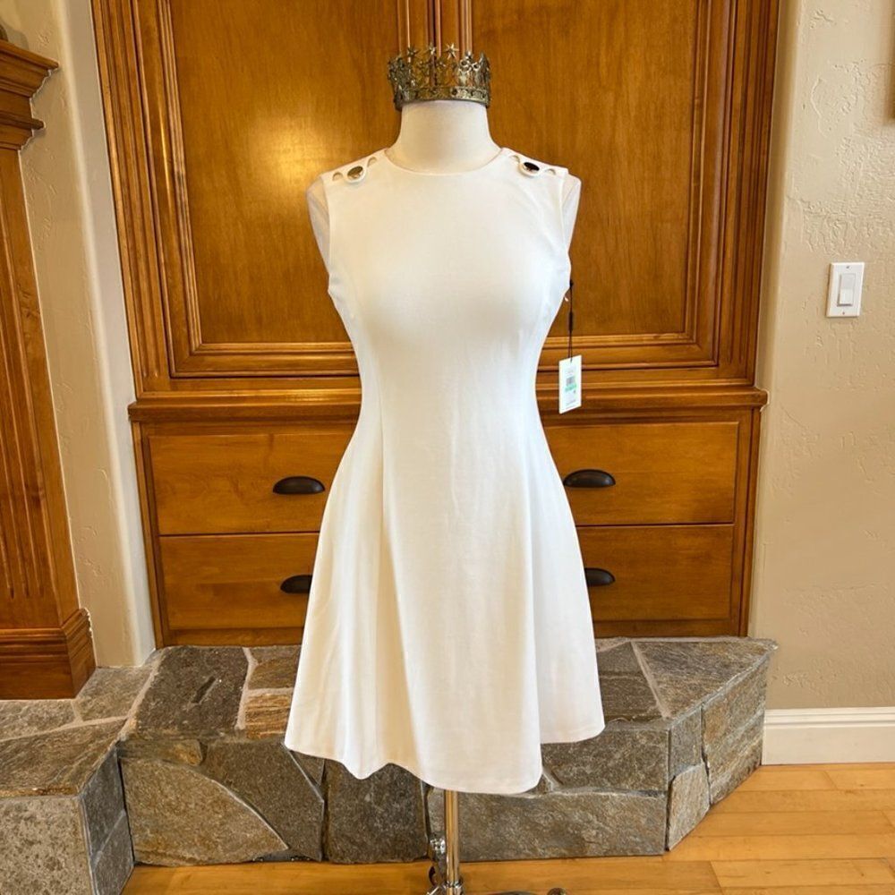 Calvin Klein Off White Sleeveless Fit n Flare Dress with Gold Details Size 8 NWT